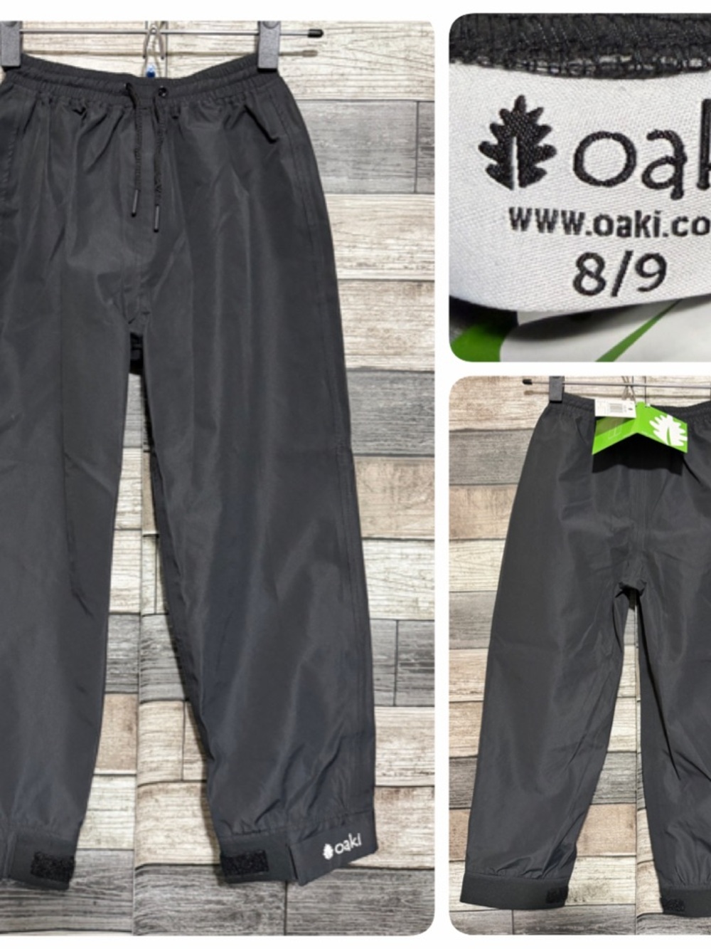Oaki Rain Pants Kids Size 8/9 Black Drawstring (Inseam 21) Pull On